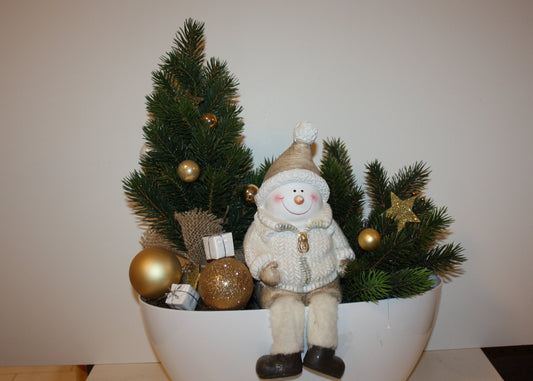 8052 Gesteck Kunsttanne mit Schneemann Einzelstück