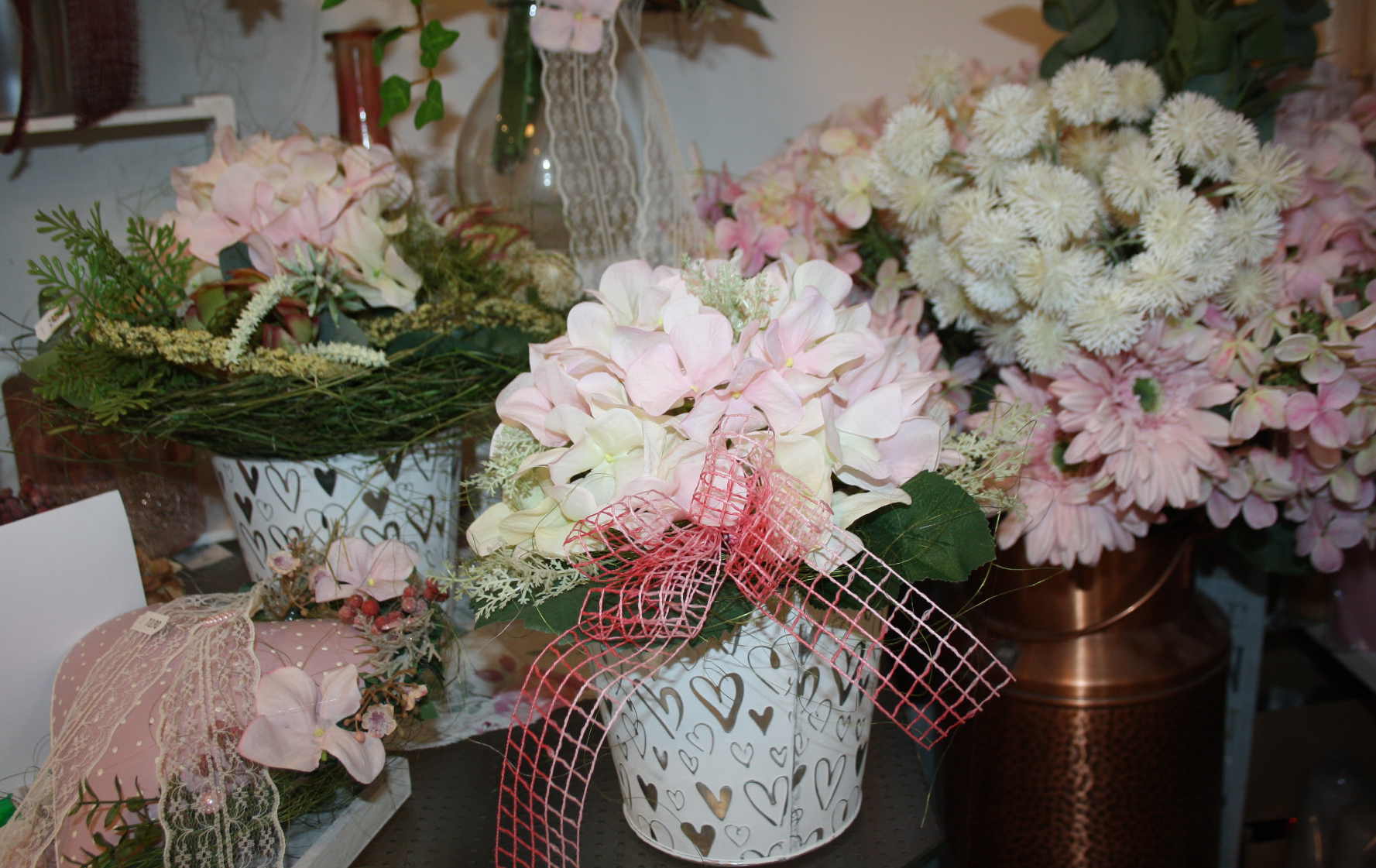 Dekorierter Topf Hortensien rosa