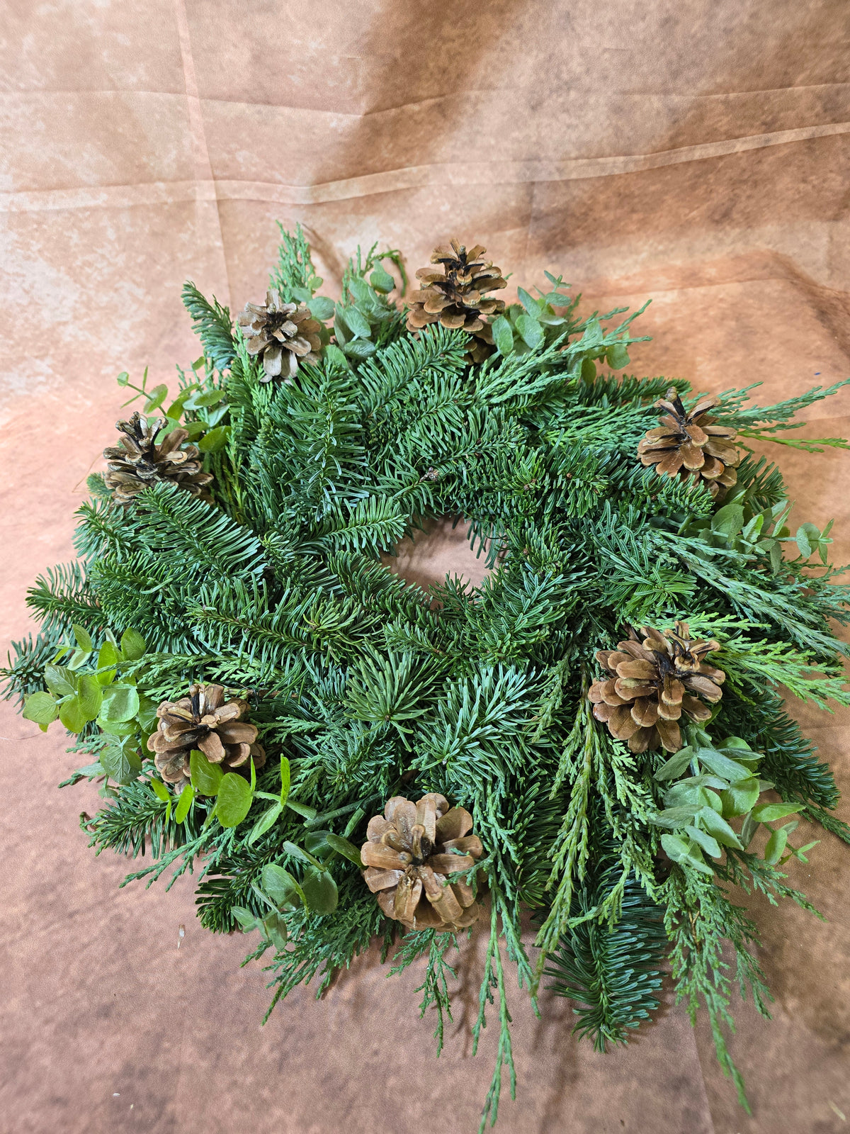 8013 Raw wreath fresh fir, eucalyptus and cones, size M