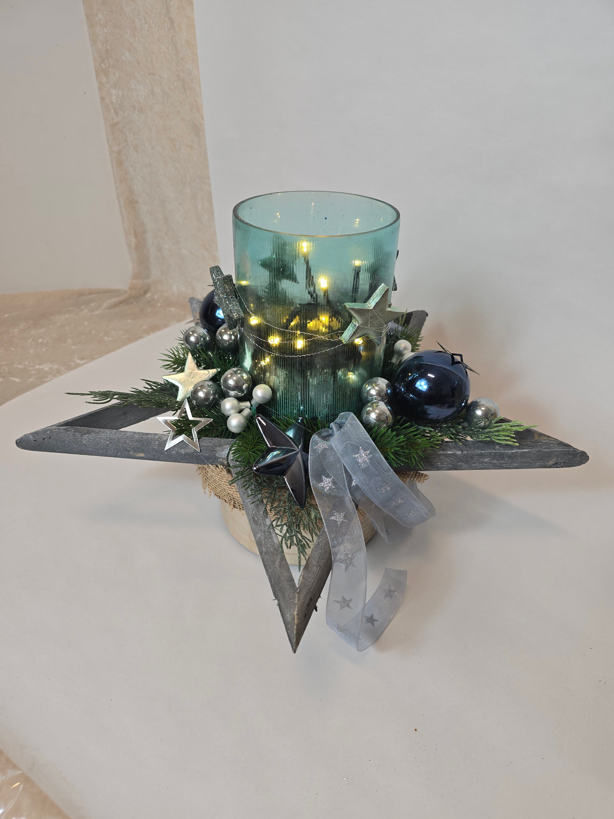 80598 weihnachtlicher Stern dekoriert 40cm  mit Windlicht in blaugrün Tönen