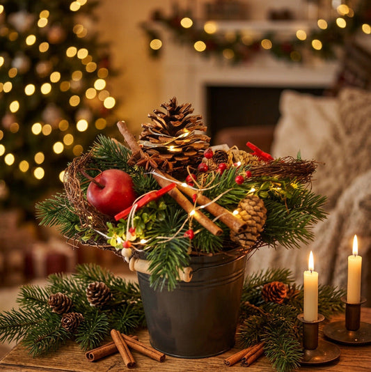 8037 Großer Strauß mit Früchten, Zimt und Zapfen Licht