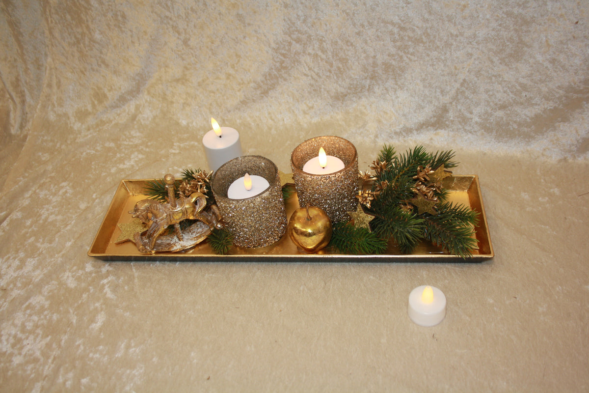 80593 langer Teller Advent mit 2 Windlichtern gold