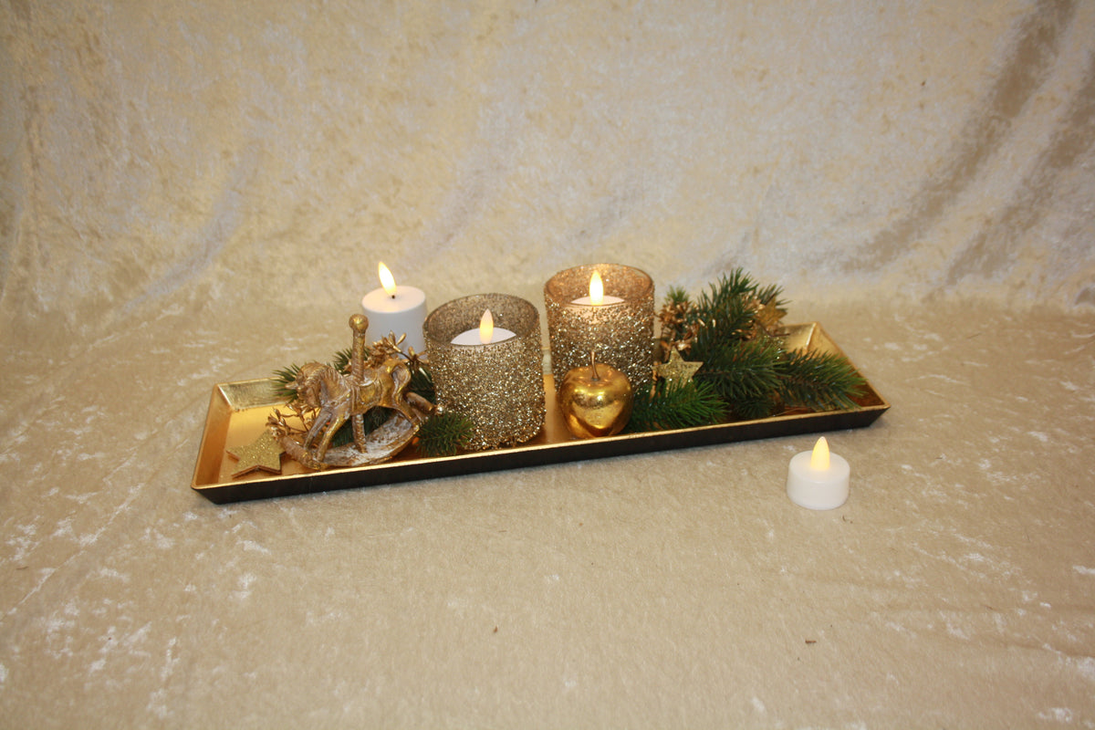 80593 langer Teller Advent mit 2 Windlichtern gold