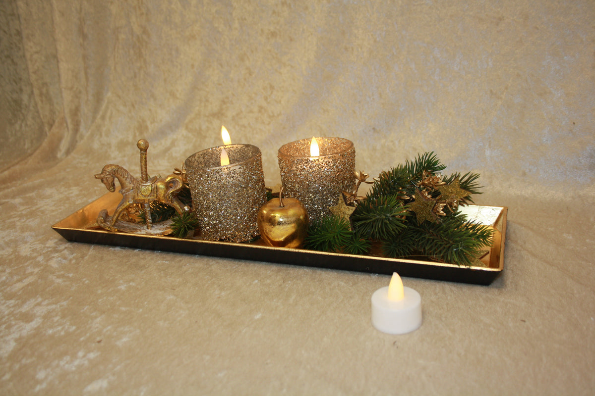 80593 langer Teller Advent mit 2 Windlichtern gold