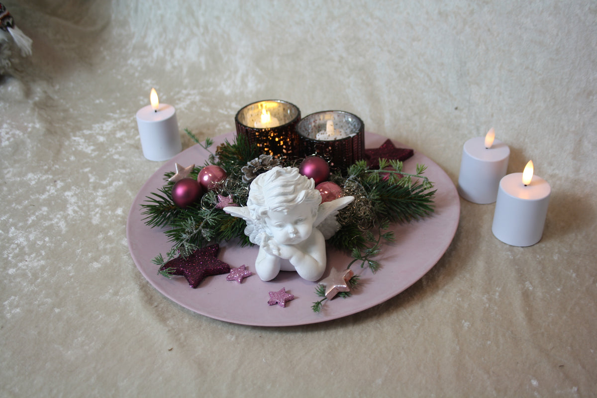 80702 Teller mit Windlicht altrosa mit Lila weihnachten