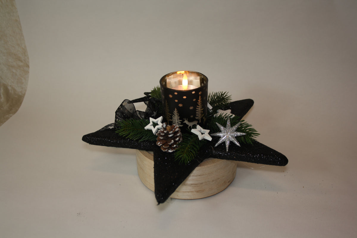 80472 weihnachtsdeko Stern schwarz Glitter mit Windlicht