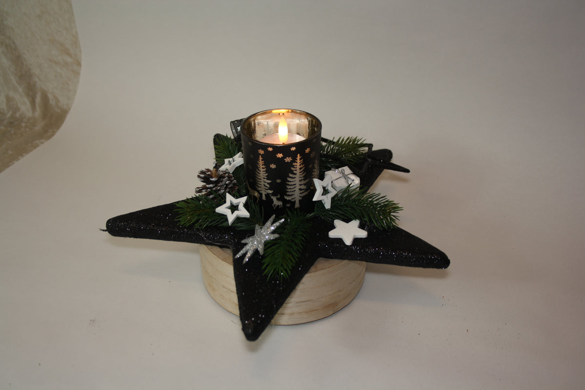 80472 weihnachtsdeko Stern schwarz Glitter mit Windlicht