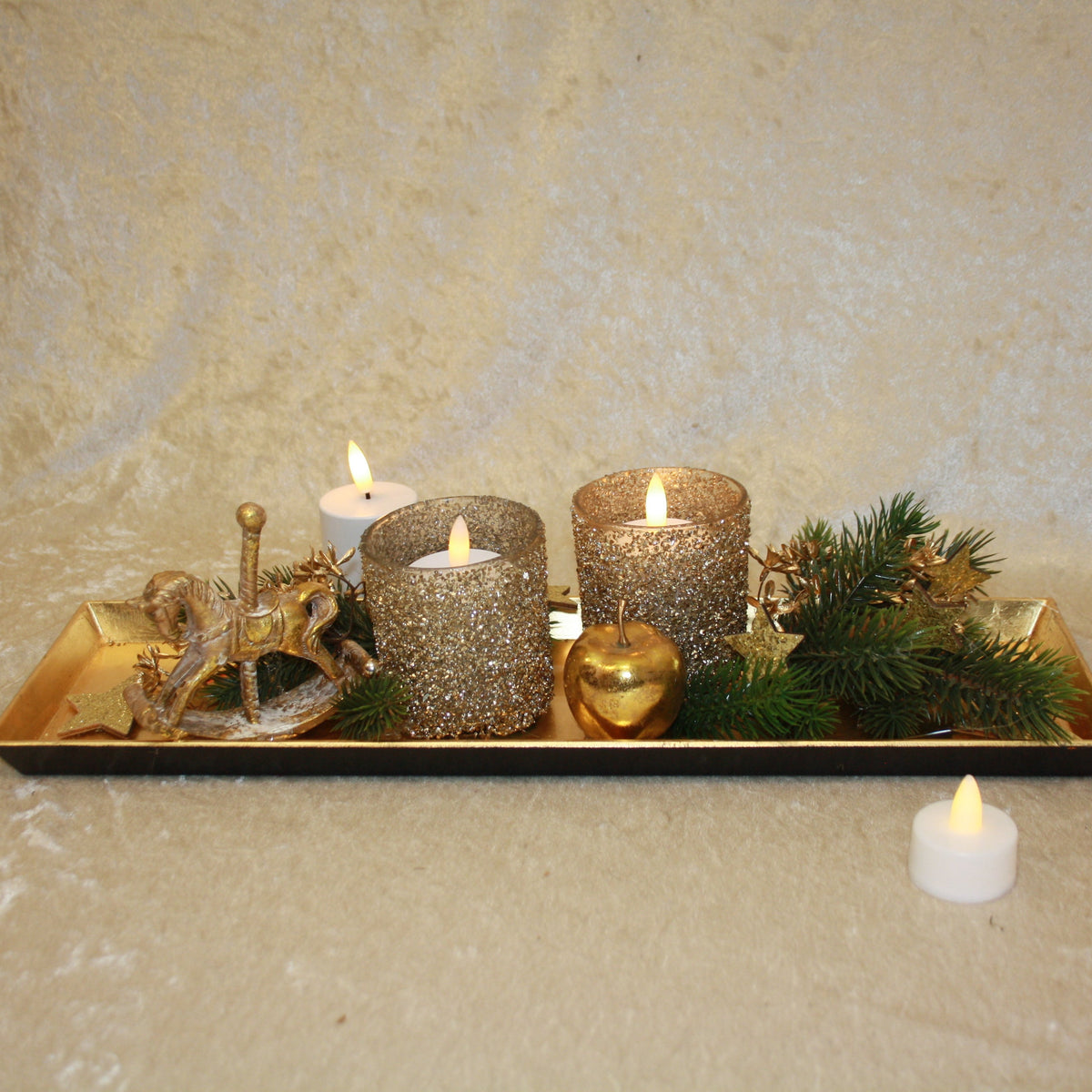 80593 langer Teller Advent mit 2 Windlichtern gold