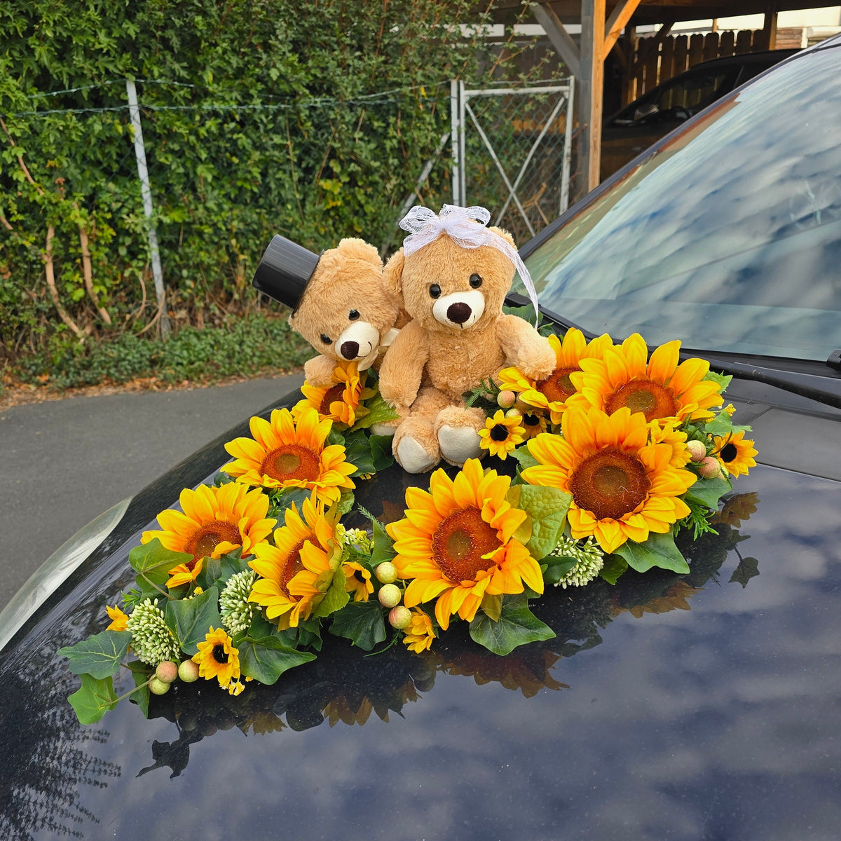 Brautauto Deko Bärenhochzeit Autoherz mit Sonnenblumen