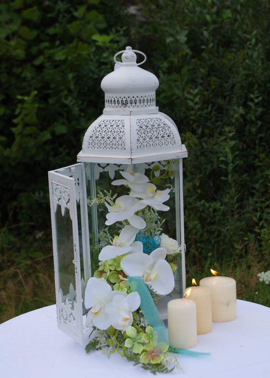 3023 Gesteck für Windlicht Sommer Hochzeit türkis