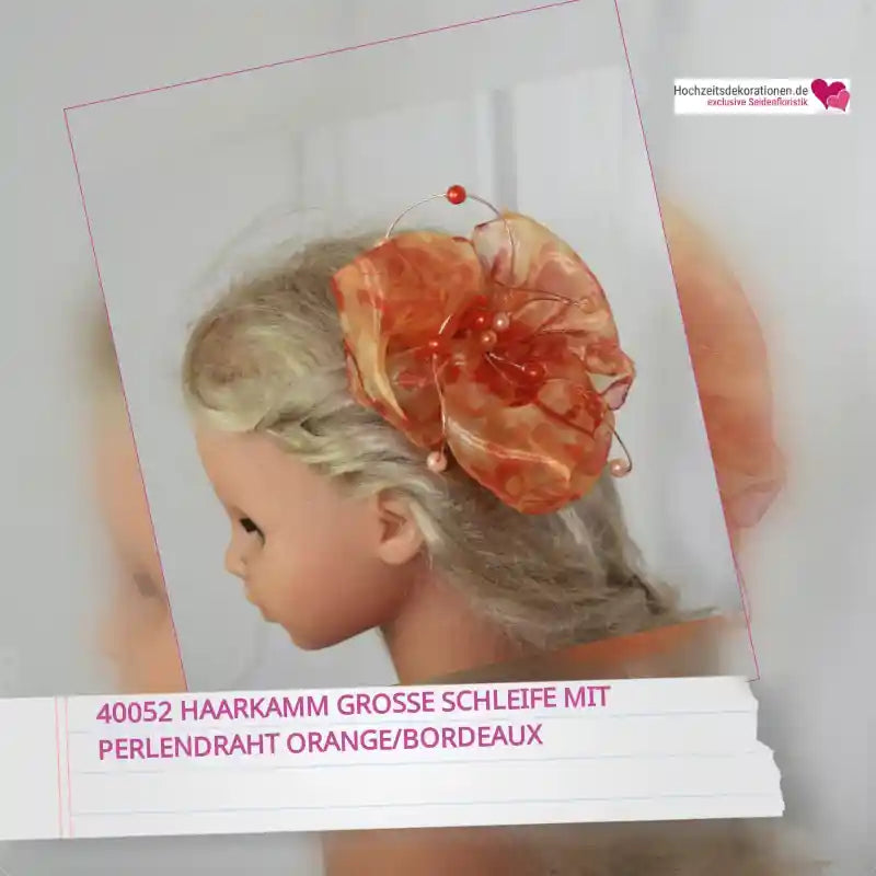 40052 Haarkamm grosse Schleife mit Perlendraht orange/bordeaux by@Outfy