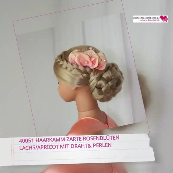 40051 Haarkamm zarte Rosenbl&uuml;ten lachs/apricot mit Draht&amp; Perlen by@Outfy