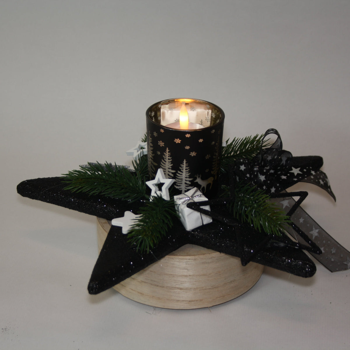 80472 weihnachtsdeko Stern schwarz Glitter mit Windlicht