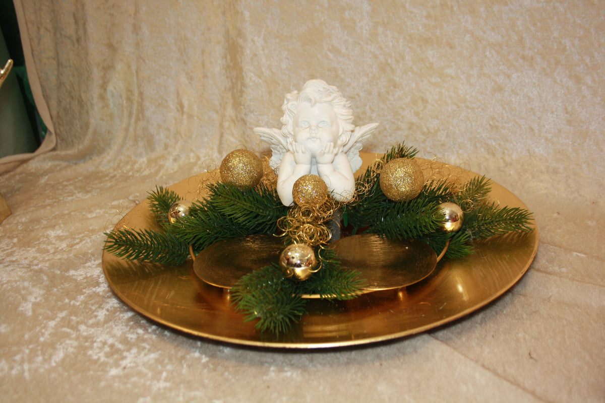 80511 goldener Teller 40cm mit Engel und Deko auch mit LED Kerzen