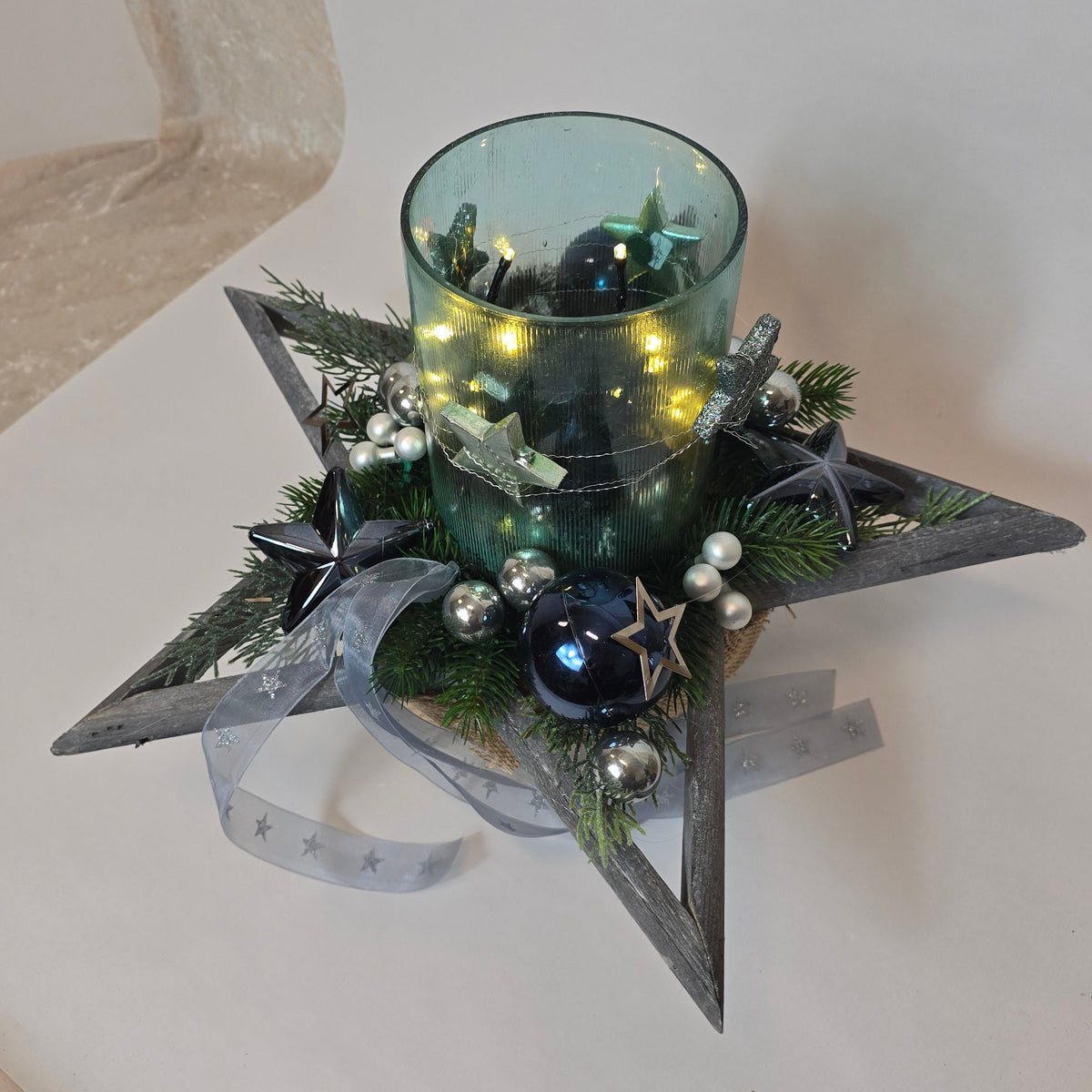 80598 weihnachtlicher Stern dekoriert 40cm  mit Windlicht in blaugrün Tönen